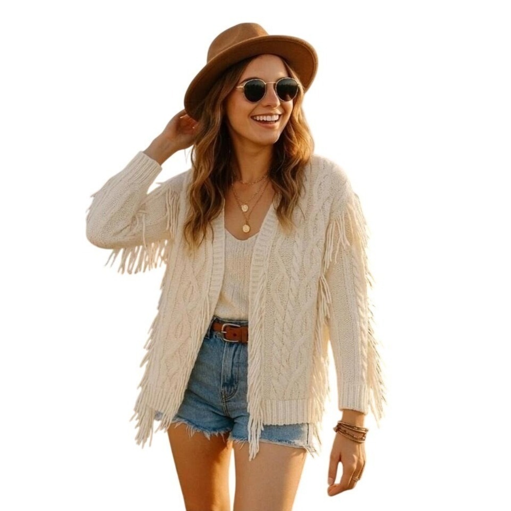 Line & Dot Sweater Womens Xs Cardigan Jasper Fringe Cream Ivory Cable Knit Boho